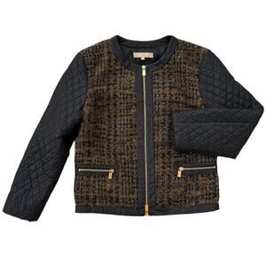 Michael Kors Italy Tweed Boucle Quilted Zip Up Collarless Blazer Black Green 8